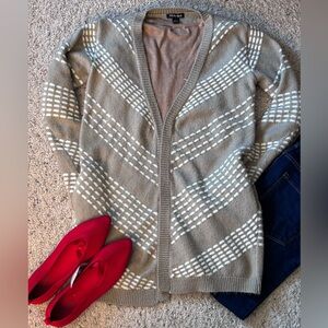 Chic Beige and White Women's Long Cardigan with pockets S